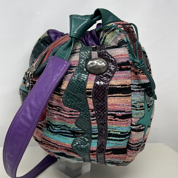 Sharif Large Python Croc Ikat Leather Drawstring Snap Flap Bucket Shoulder Bag - Picture 9 of 16